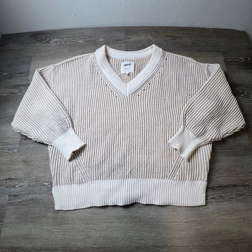 Aerie V-Neck Sweater Women Small Cream Tan Ribbed Oversized Knit Pullover